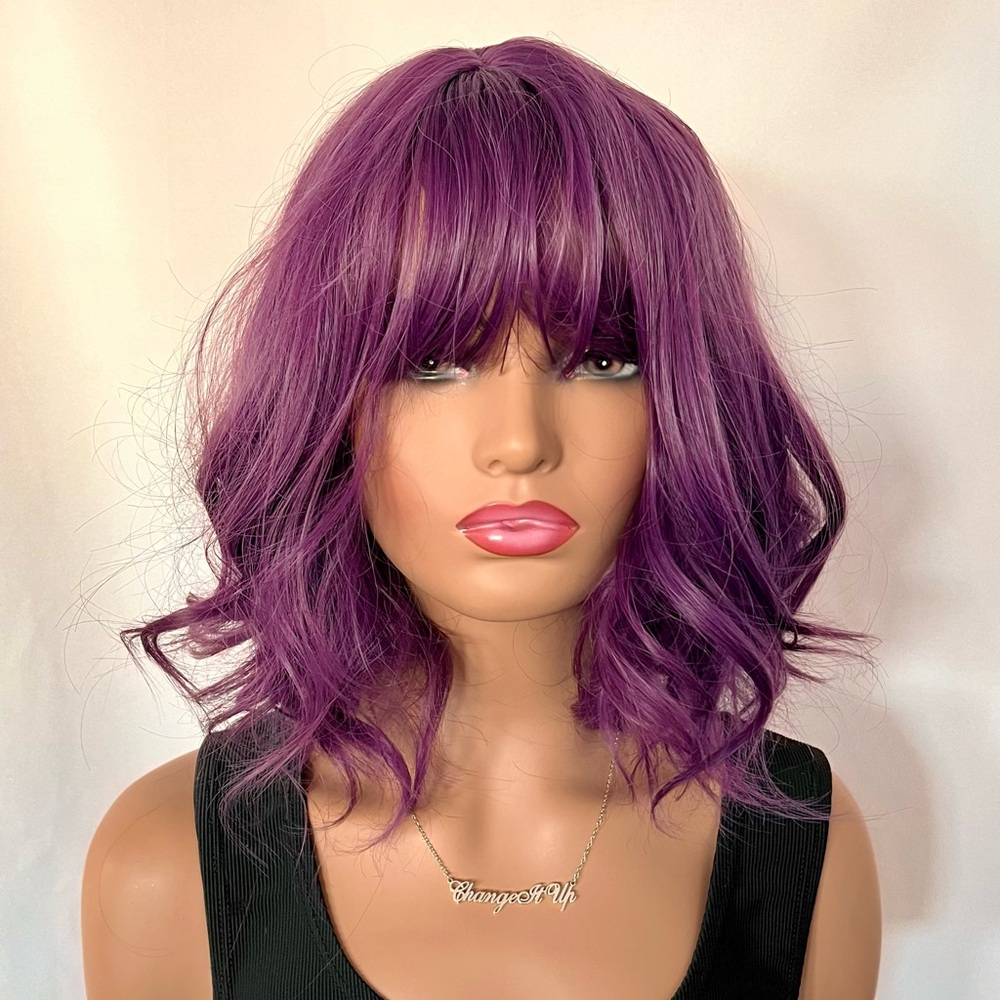 “Put On & Go” Plum Purple Synthetic Wig with Bangs for Cosplay/Gaming or Events